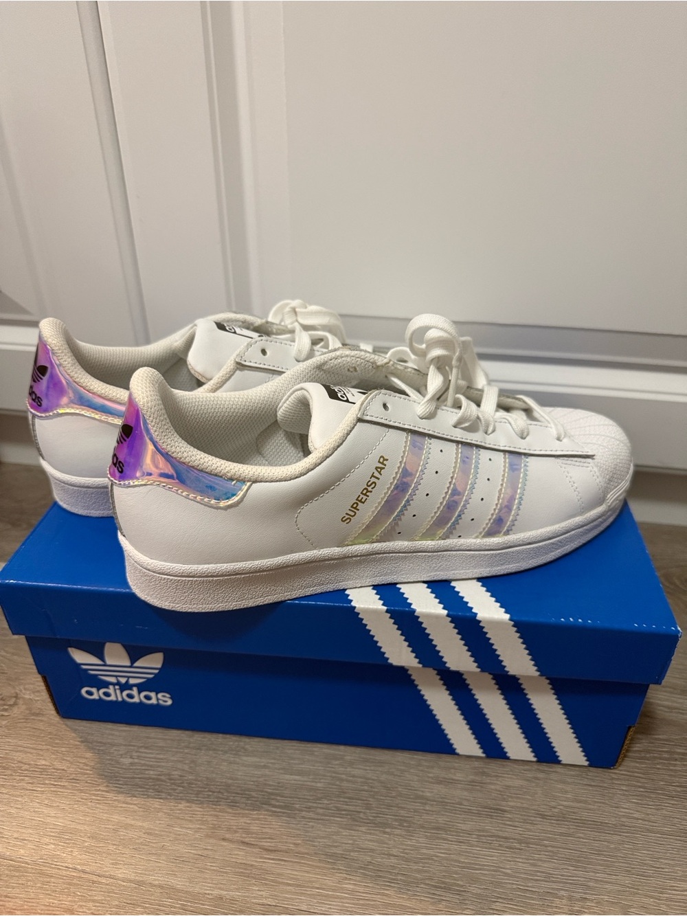 Adidas Superstar White Sneakers with Iridescent Stripes